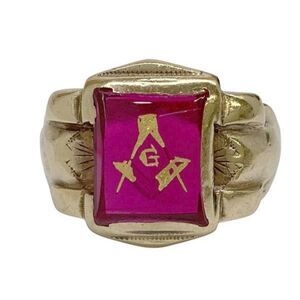 Vintage 10K Gold Masonic Ring Synthetic Ruby Size 10.75 6.3g Signet